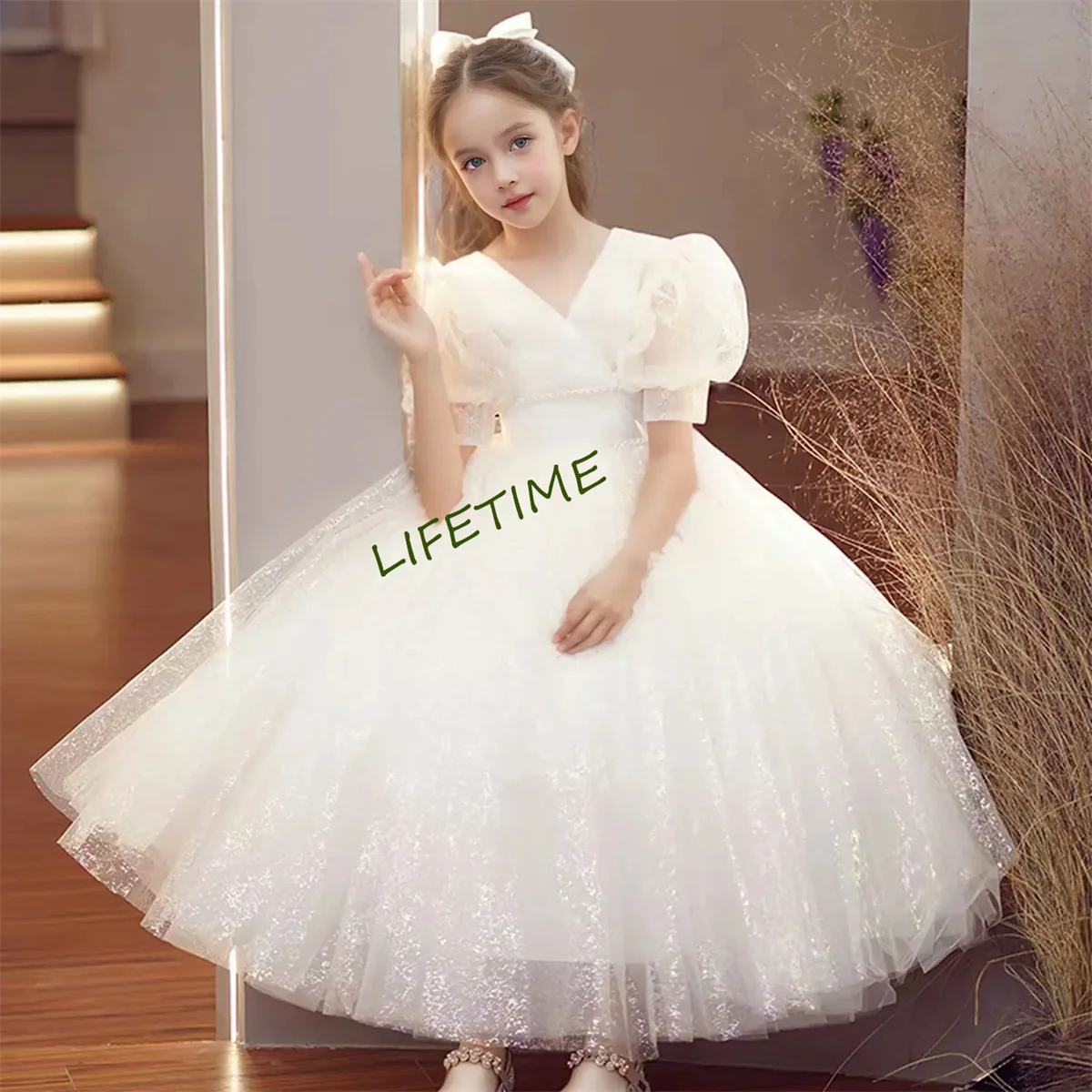 

Элегантное платье с шампанским для девочек с бантом и жемчугом, праздничное платье принцессы для маленьких девочек на свадьбу, первый день рождения
