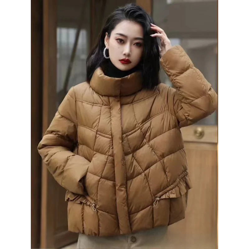 Short Down Jacket for Female Korean Version of The Fashionable Collar Wooden Ear Edge Warm Loose Down Jacket Spring and Fall New