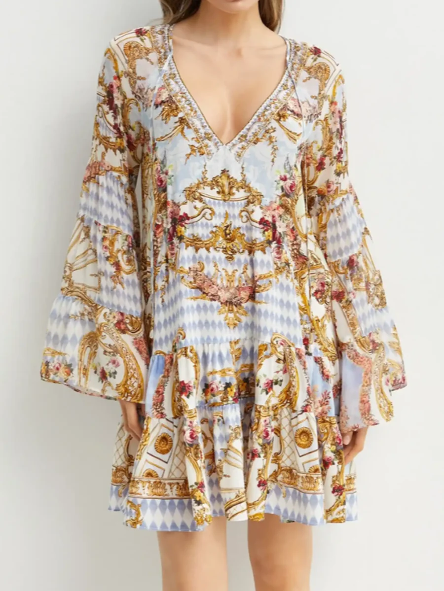 2025 New Women Flower Print Mini Dress Crystal Beaded V-Neck Flare Sleeve Elegant Ladies 100% Silk Robe