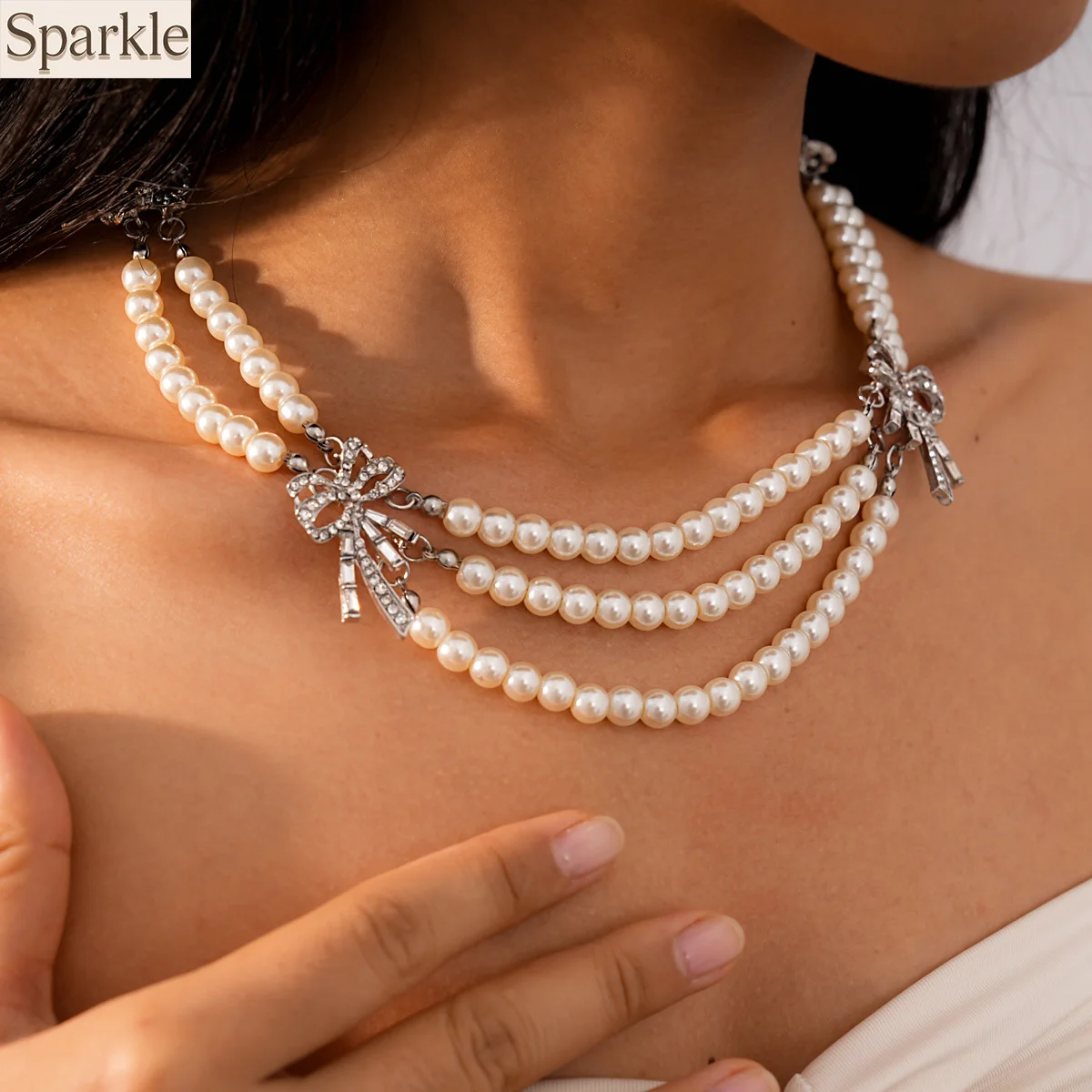 

Multi-Layer Pearl Necklace CZ Bowknot Beads Light Luxury HighEnd Collarbone Chain Temperament Jewelry for Women Pendant Necklace