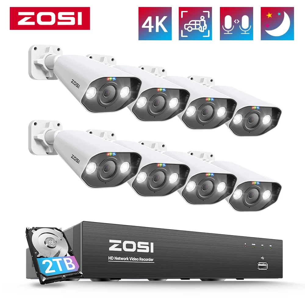 zosi video surveillance system starlight night vision ai person vehicle detect security ip cameras grupo cctv 4k 8ch poe 8mp 5mp 01