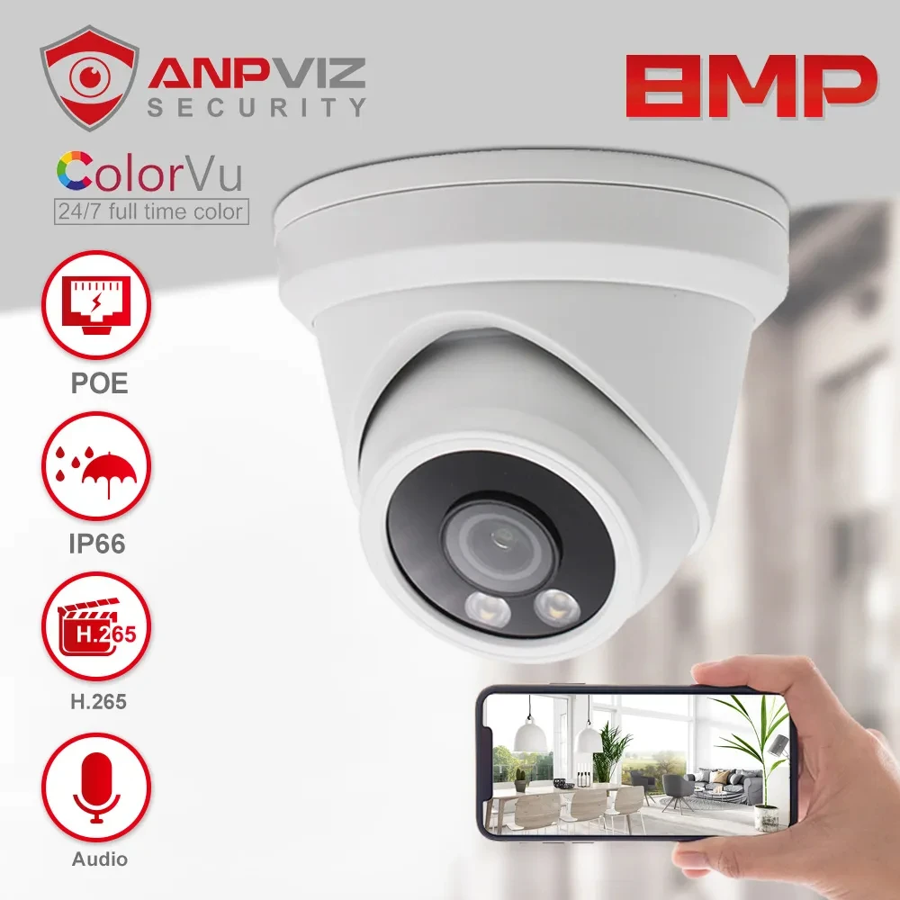 Anpviz 8MP ColorVu IP Camera Starlight POE Turret Super Night Vision 30m Audio IP66 2.8mm Lens Danale Remote View CCTV   Outdoor