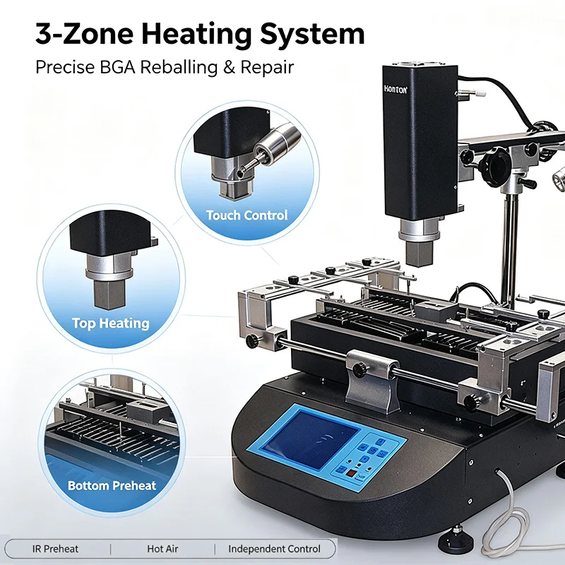 Honton HT-R490 BGA Rework Station 3 Independent Heating Zones Hot Air Soldering Machine Laptop Mainboard IC Chip Reballing Repair