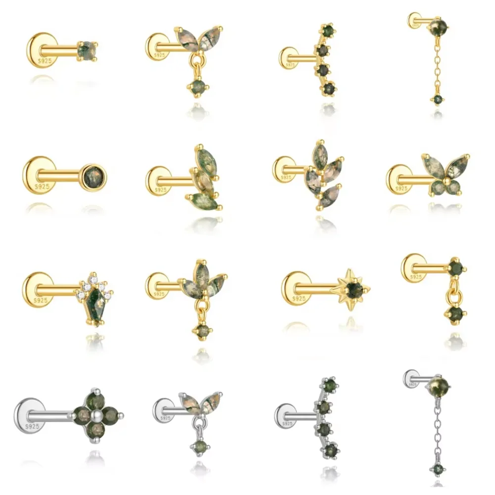 

BOAKO 925 Sterling Silver Natural Moss Agate Crown/Flower Pendant Piercing Earring For Women Elegant Daily Wear Jewelry unique