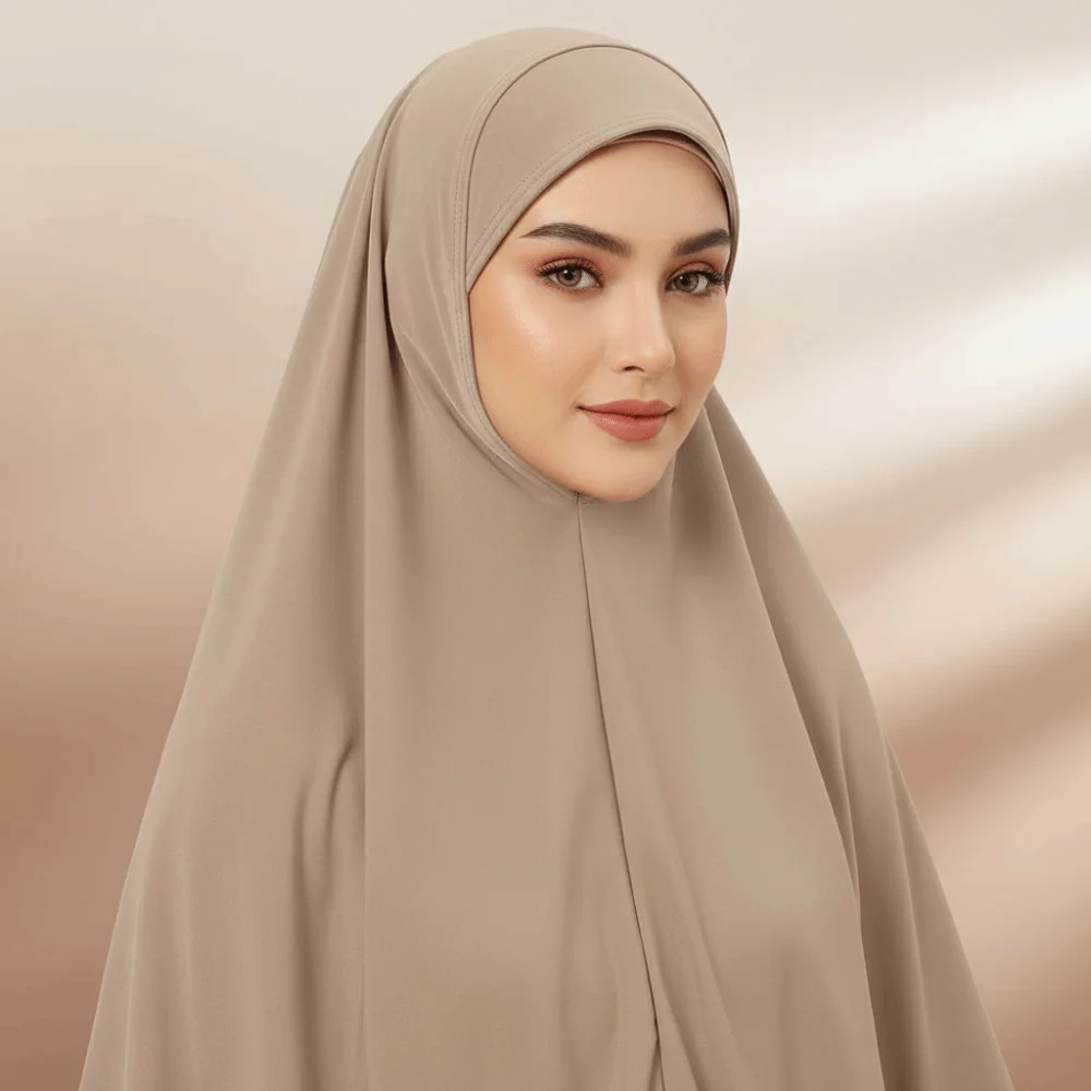 

Breathable Jersey Solid Color Instant Hijab Four-Way Stretch Full Coverage Women Khimar Skin-Friendly Drapey Texture