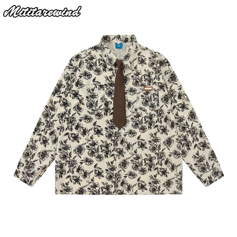 

Vintage Retro Long Sleeve Shirts For Men Corduroy Full Print Fashion Korean Men Clothing Caual Loose Preppy Style Tie Y2k Shirts