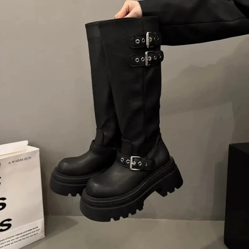 Women Chunky Platform Knee High Boots Smooth Matte Elastic Cross Strap Lug Sole Round Toe Goth Motorcycle Shoes Retro view 6