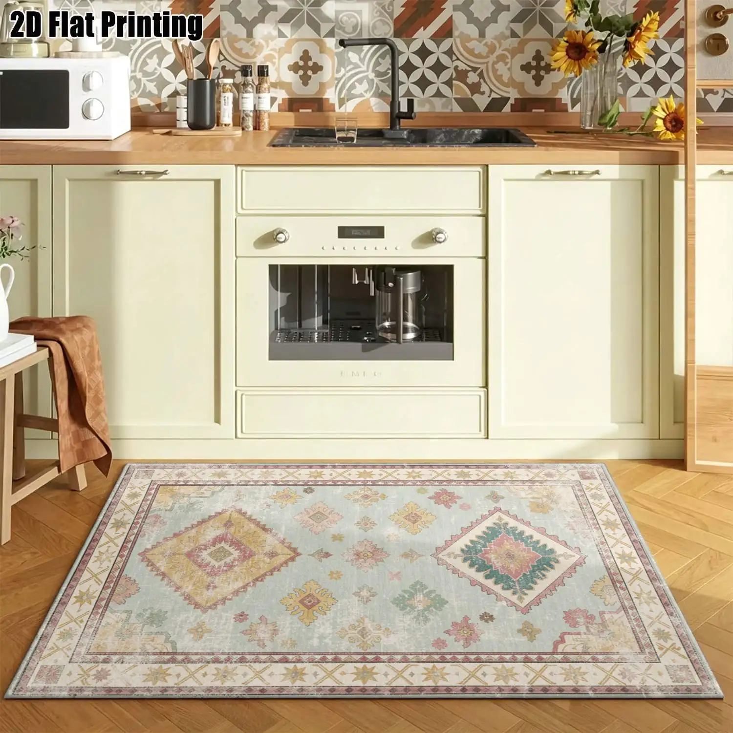 1Pc 2D Printed Blue & Brown Retro Floral Pattern Carpet, European Style, Washable, Multi-Size for Home Decor, Entrance/Dining/Study/Living/Bedroom Use
