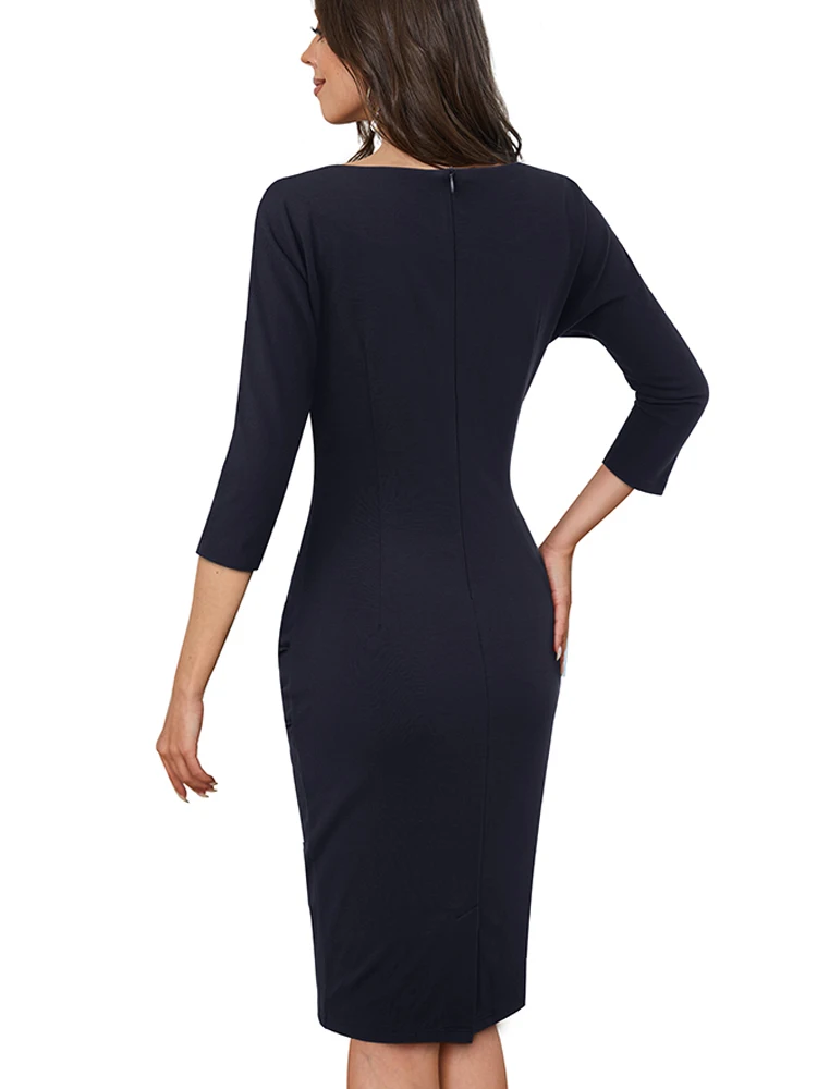 Nice-Forever Autumn Women Elegant Plain Office Dresses Formal Business Work Vintage Bodycon Slim Dress B717