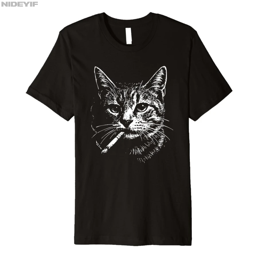 Fun little cat smoking cat Meme printed T-shirt for men, 100% cotton T-shirt, short sleeve, casual and loose short sleeve