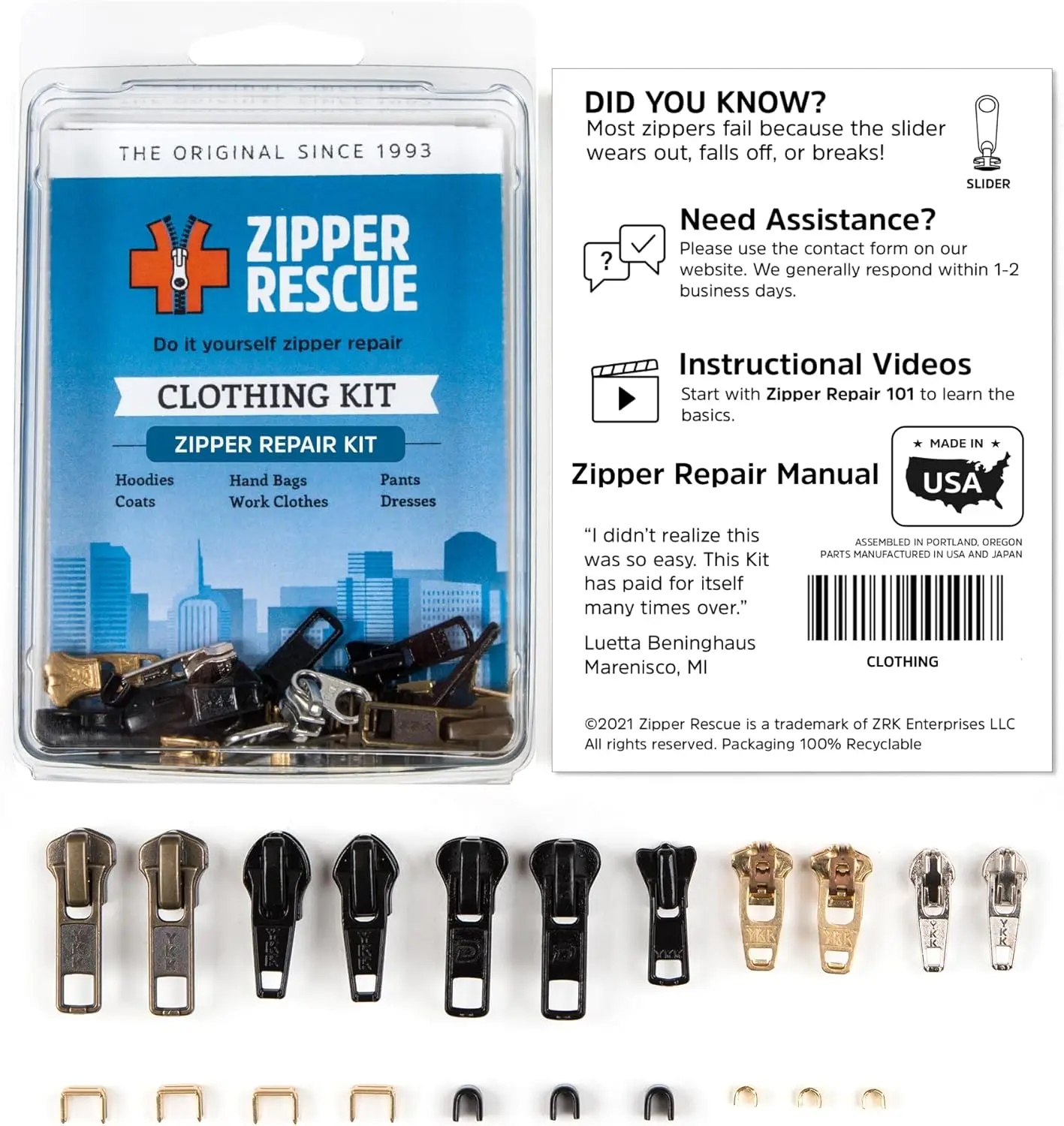 

Zipper Repair Kit with 11 Metal Sliders for Hoodies, Pants, Handbags - Zipper Pull Replacement with End and Top Stops