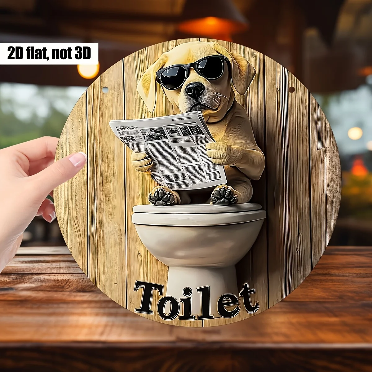 2D Flat, 1pc Humorous Golden Retriever Reading Newspaper Toilet Wall Art - 8x8 Inch Round Manufactured Wood Bathroom Decor with
