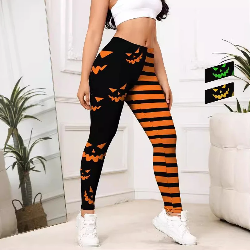 Women Halloween Striped Yoga Leggings Pumpkin Demon Printed Fitness Workout Tights Striped Fitness Workout Leggings for Women