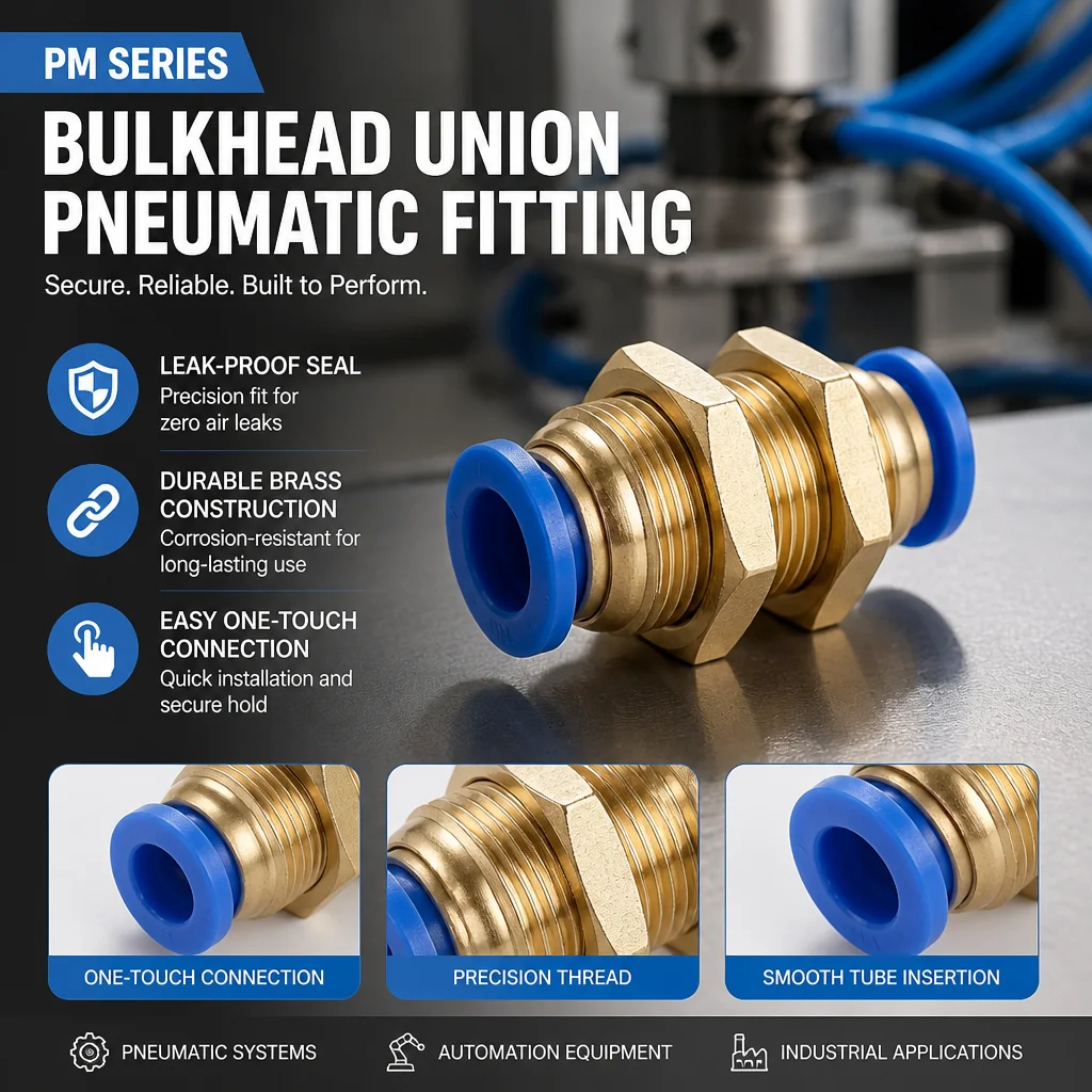 PM Bulkhead Union Pneumatic Fitting 4mm 6mm 8mm 10mm 12mm Through Panel Mount Air Line Hose Tube Push In Quick Connector