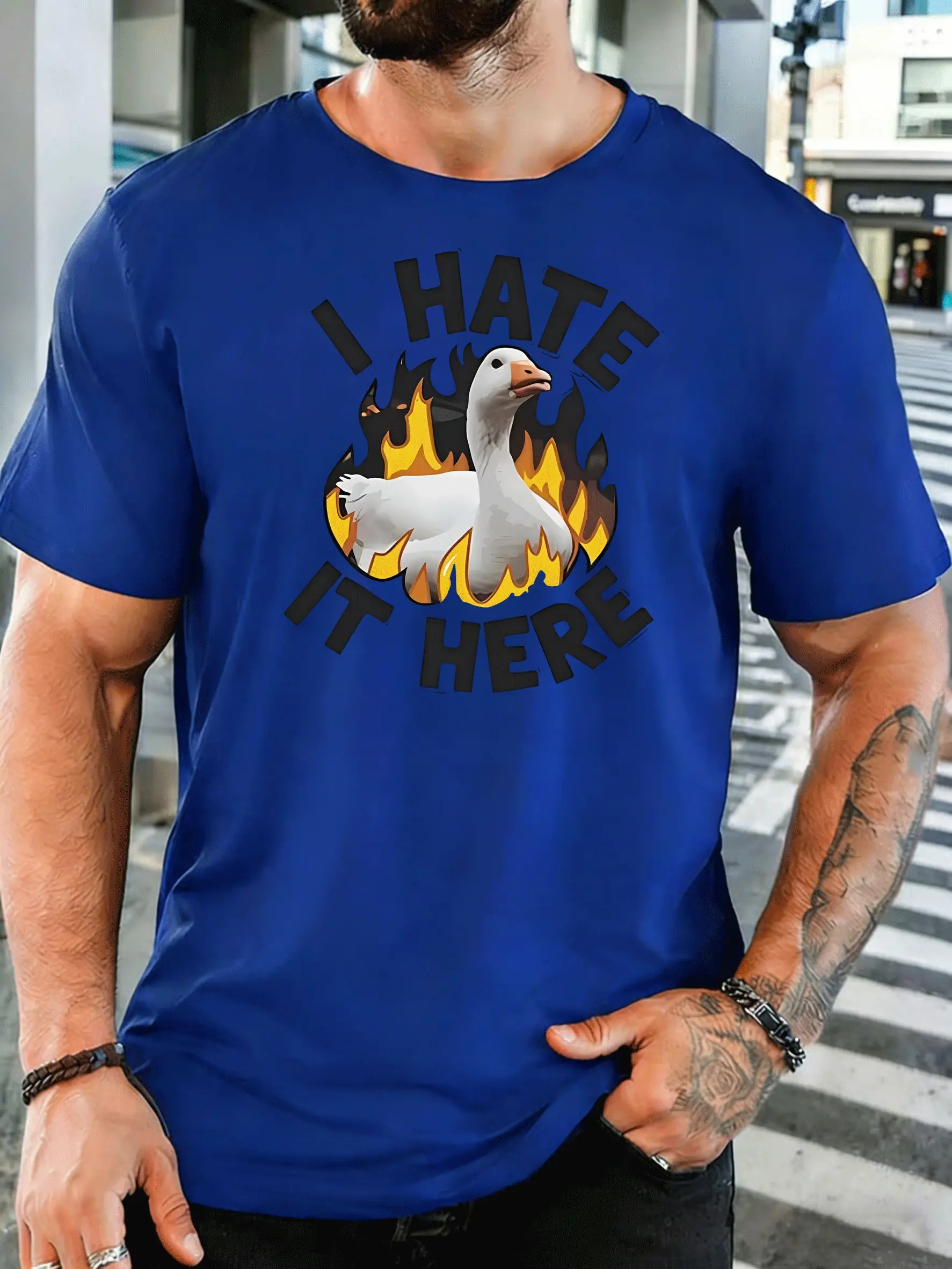 Funny Goose I Hate It Here Flame Mens Print T Shirt Sarcastic Meme Animal Graphic Tee Casual Short Sleeve Top Humor Lover Gift