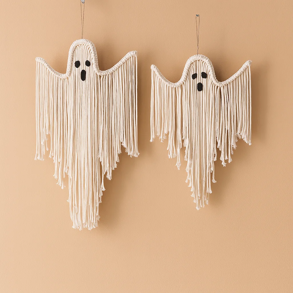 Weißer Makramee-Halloween-Geist-Wandbehang, handgewebte Quasten-Wandteppiche für Zuhause, Schlafzimmer, Wohnzimmer, Wanddekoration, Geschenk