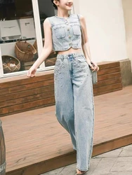 Spring Summer New Fashion Denim Set Women Colorful Hot Rhinestone Short Denim Vest or High Waist Wide Leg Jeans Ladies 2024 suit