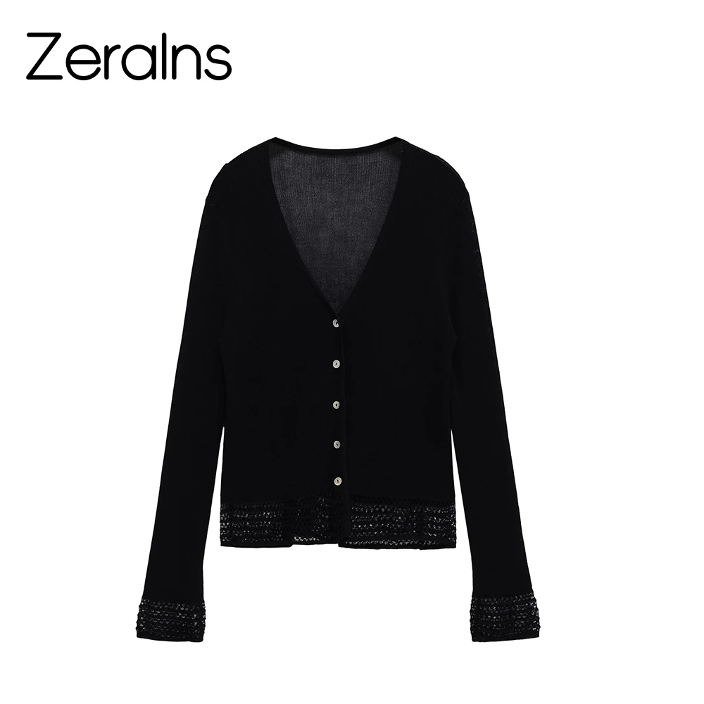 

ZERAINS Loose thin solid color V-neck knitted sweater for summer 2025 new slimming long sleeved cardigan sun protection jacket