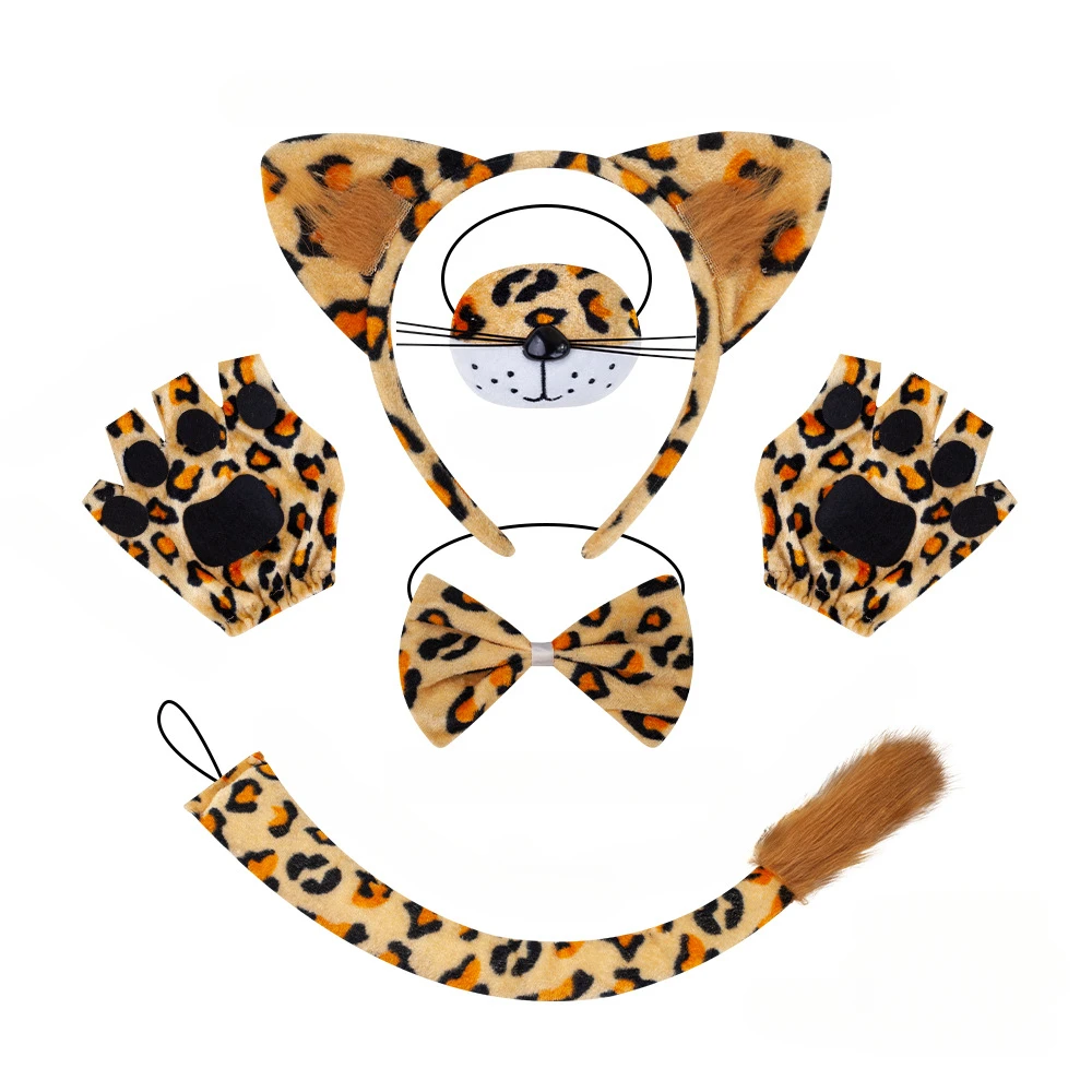 

Leopard Cheetah Costume Ears Headband Tail Bowtie Nose for Costume Parties and Role Play