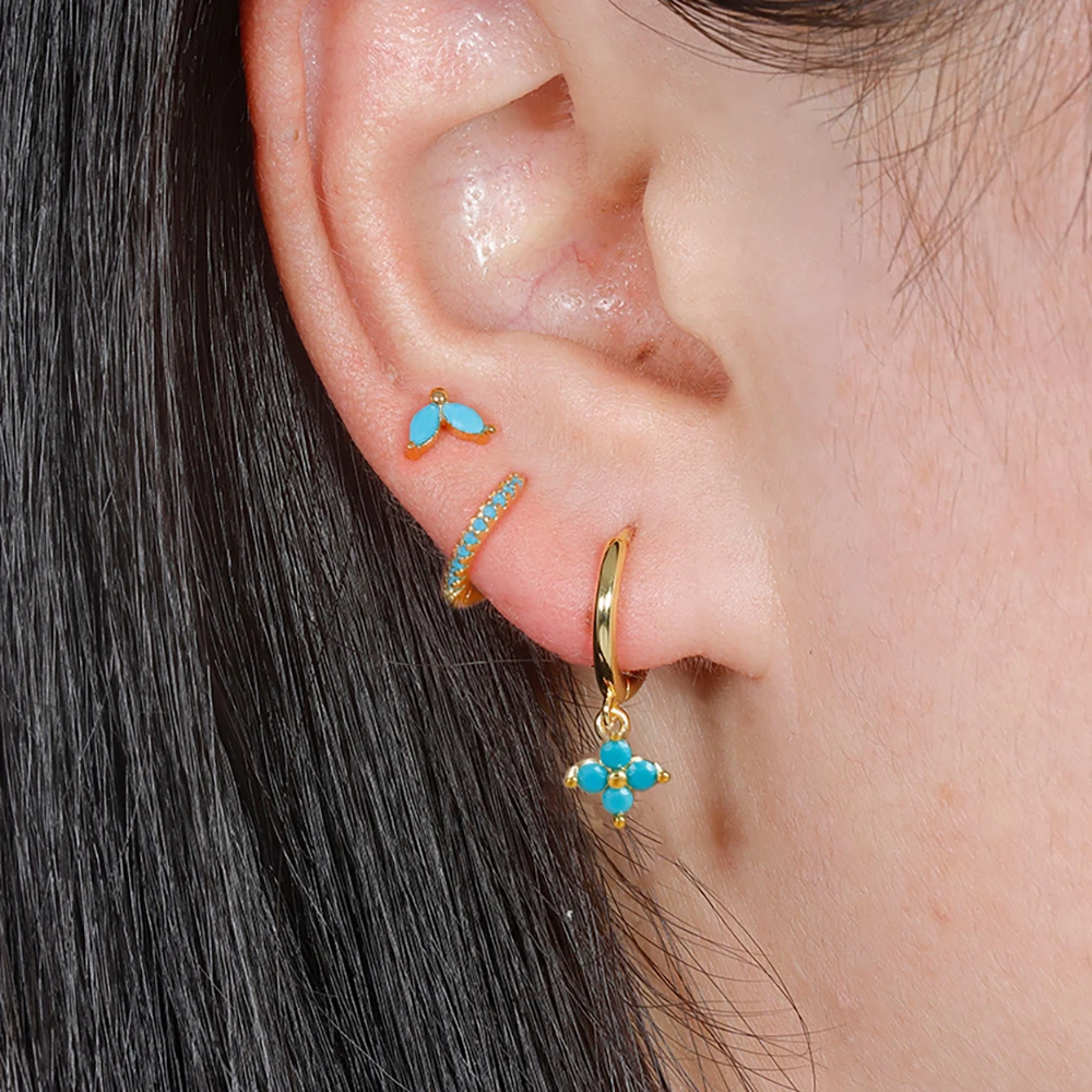 3PCS Flower Pendant Hoop Earrings Set For Women Vintage Stainless Steel Cubic Zirconia Cartilage Piercing Earring Trend Jewelry