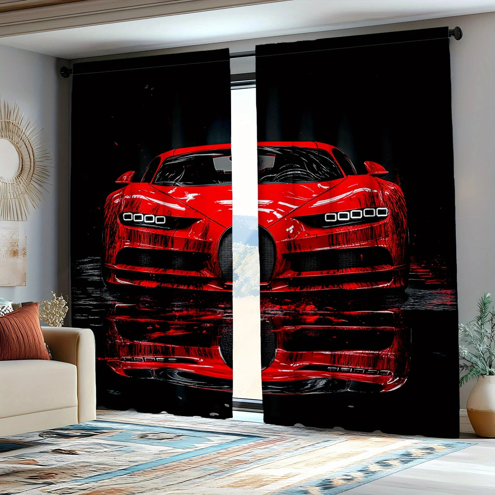 Red Sports Car Curtains Racing Art Window Drapes Speed Design Home Decor Automotive Theme Living Room