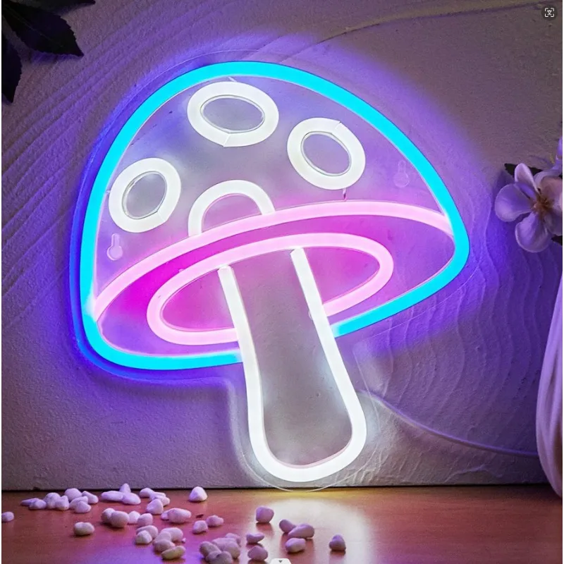 Letrero de neón de setas para niños y niñas, luz nocturna alimentada por USB, arte de pared 3D y sala de juegos, lámpara de decoración para dormitorio y sala de estar