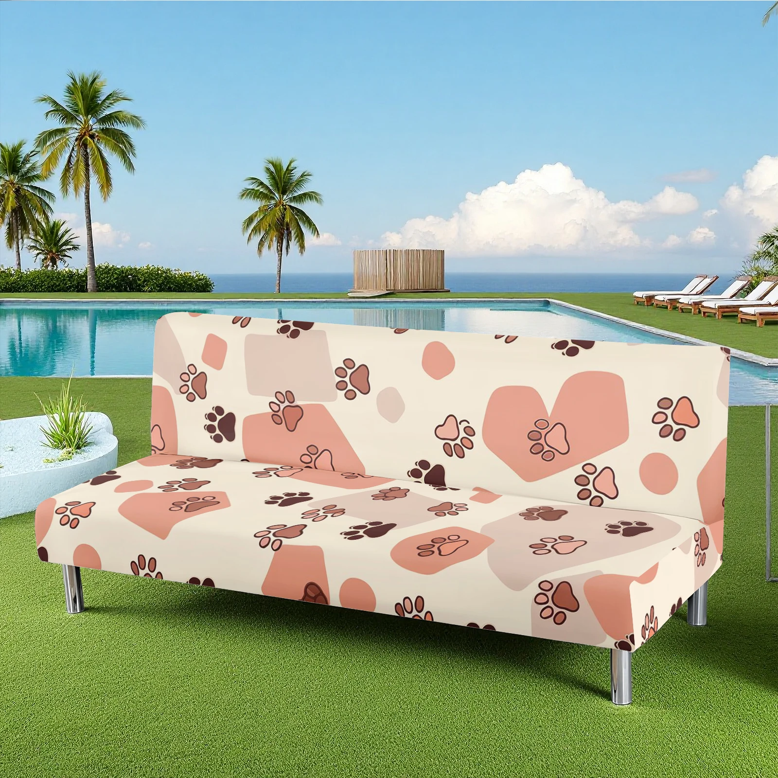 Cute Paw & Heart Print Summer Outdoor Futon Cover, Pet - Friendly Milk Silk Elastic Sofa Slipcover, Washabl