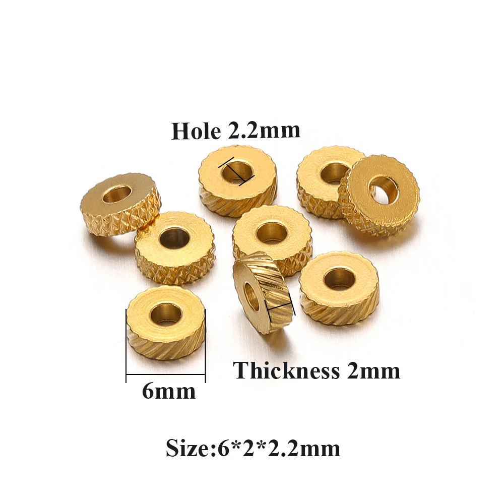 20Pcs 6mm Stainless Steel Gold Plated Texture Flat Spacer Beads for DIY Jewelry Making Necklace Findings Bracelet Supplies