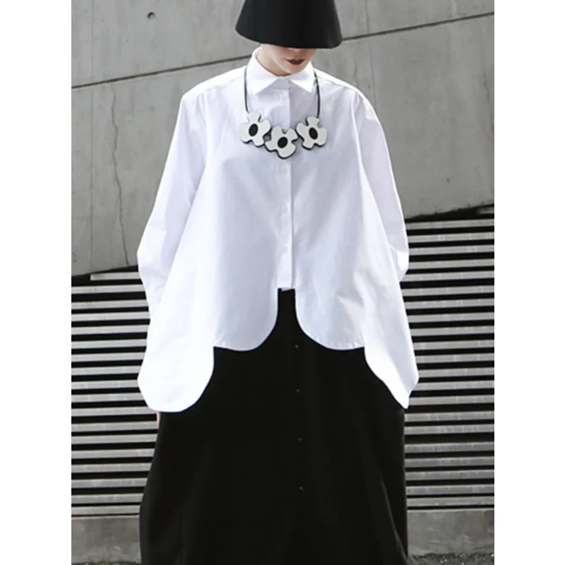 

Tinaa Japan Style Oversized White Shirt for Women 2026 Spring Summer Irregular Petal Hem Minimalist Lapel Blouses Tops 27214