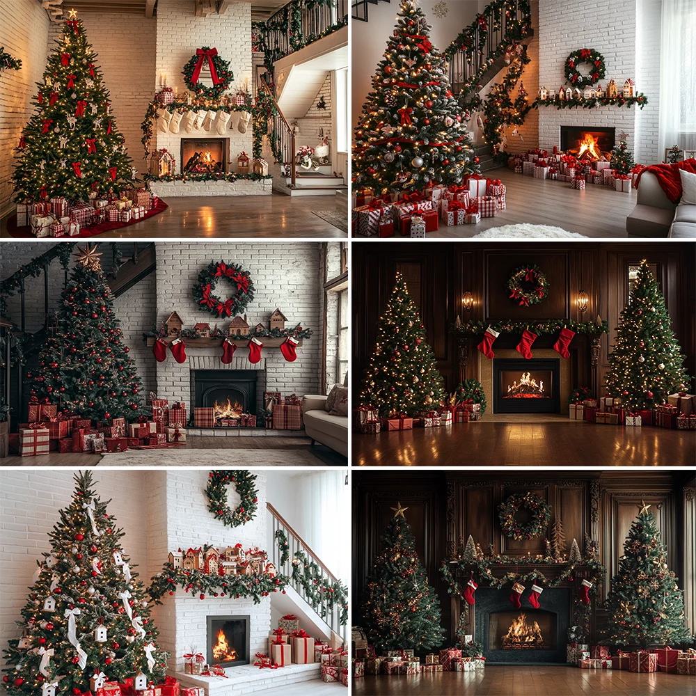 

Christmas Photography Backdrop Xmas Tree Fireplace Gift Winter Window Family Kids Party Christmas Decoration Photo Background