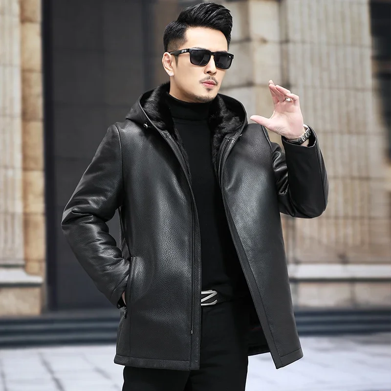 AYUNSUE Real Leather Jacket Men Clothes Imported Mink Liner Whole Mink Fur One-piece Fur Coat Men's Parkas Winter Warm Jaqueta