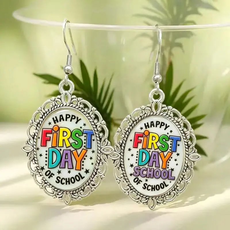 Fashion Oval Glass Dangle Earrings Happy First Day of School Silver Plated for Women Jewelry Accessories Back-to-School Gifts