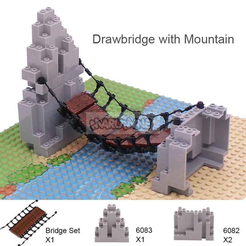 Marmine MOC Blocks Drawbridge Set Mountain Jungle Forest Construction Building Bricks Parts DIY Small Particle 6083 6082 63141