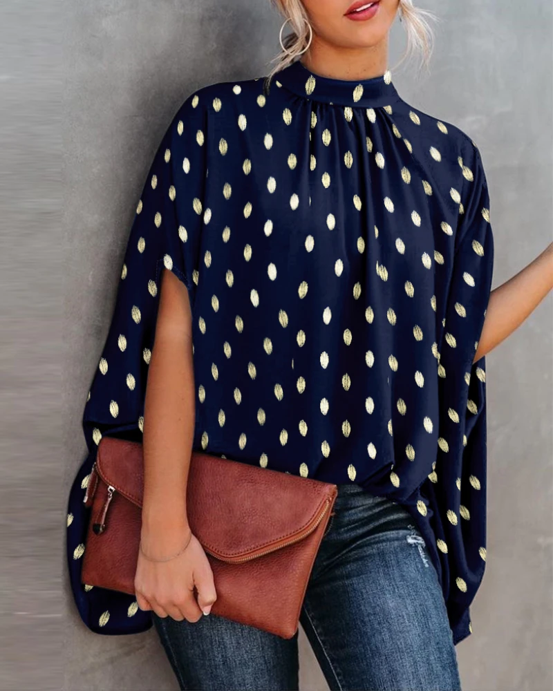 Polka Polka Dot Stand Up Collar Bat Sleeve Shirt Casual Back Lace Up Detail Top Women's Summer Elegant Slim Fit Shirt Top