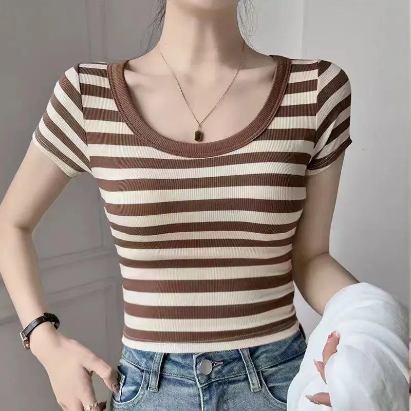 

Women's Striped O-Neck Short Sleeve T-Shirt Slim Tops Casual Clothes All-Match Temperament Simplicity Fashion Summer New Style