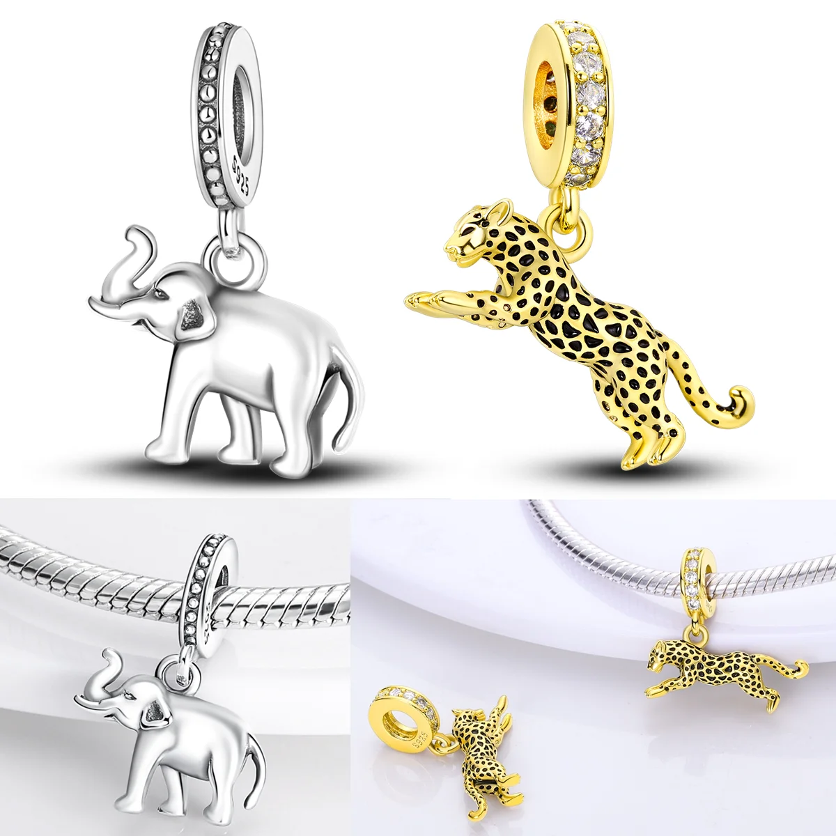925 Sterling Silver Baby Elephant Charms Bead CZ Zircon Gold Plated Leopard Snake Dangle Fit Original Bracelet DIY Women Jewelry