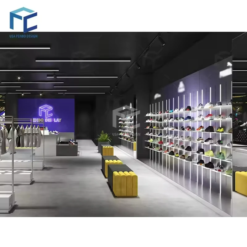 2025customized. OEM fashion women's men's sneakers sports shoes sneaker shop interior design wall mounted stand display rack