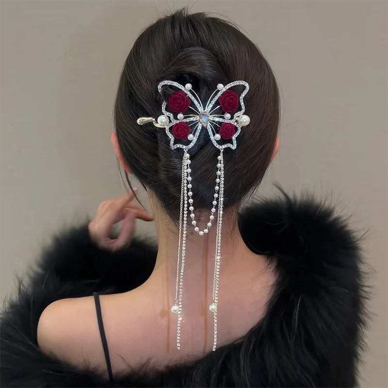 New Butterfly Rose Fringe Hair Grips Elegant Twist Clip Headdress Retro Alloy Female Fashion Ponytail Braid Hair Ornaments