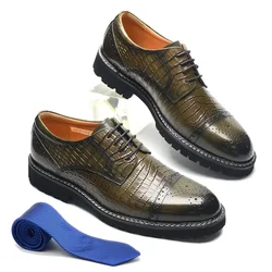 Luxury Men's Derby Dress Shoes Elegant Crocodile Print EVA Comfortable Sole Real Cow Leather Cap Toe Casual Oxford Sneakers
