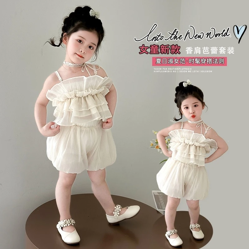 

Summer Clothing2026Cute girls' short skirt set for spring and summer, new thin summer style for little girls, suspender outfit
