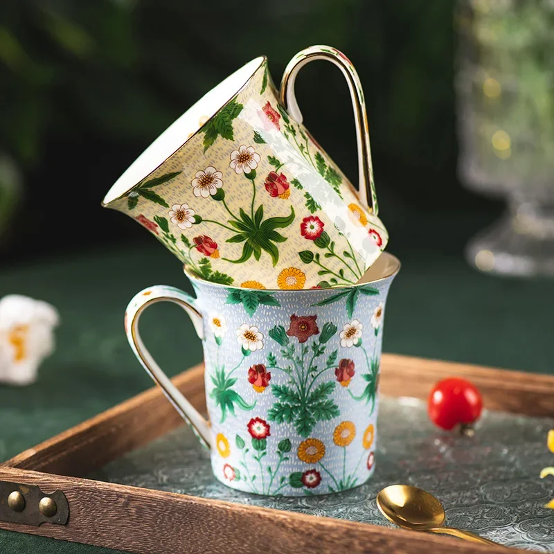 Exquisite Ceramic Mugs Gold Plated Painted Flowers Coffee Teacup Breakfast Oatmeal Milk Cup Couple Drink Mugs Drinking Set Home