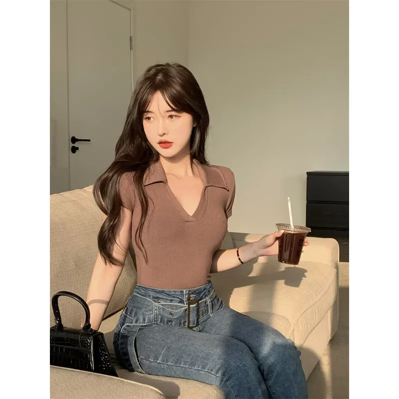 Women's Spring Autumn Tops Jacket Knitwear Flip Collar Splicing Placket Button Dew Navel Comfortable Thin Design Versatile Slim