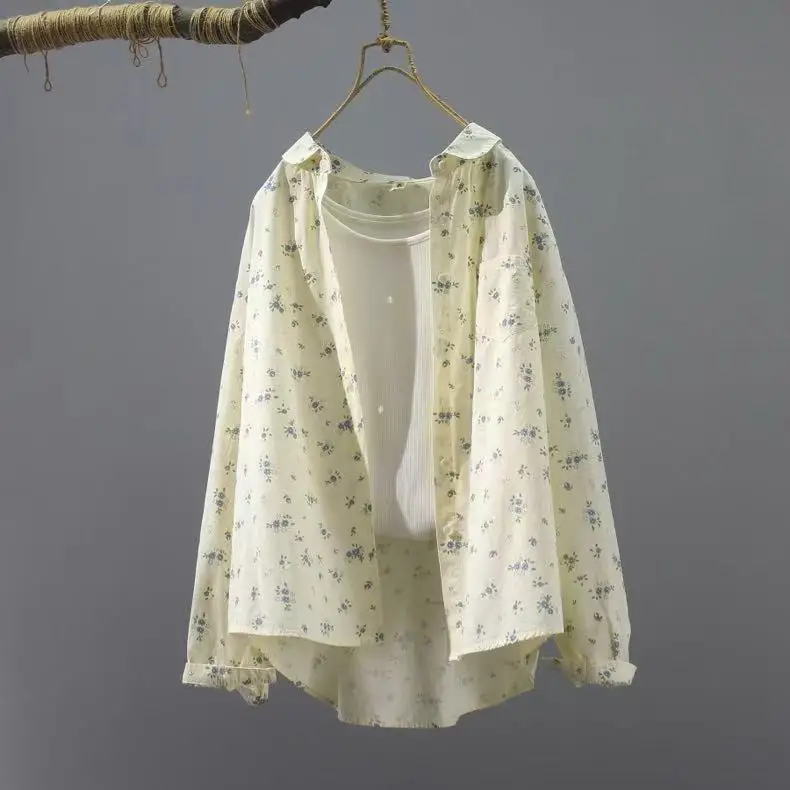 

2026 Pastoral style print shirts blouses for women spring Japan style cotton long sleeve shirts middle-aged women clothing