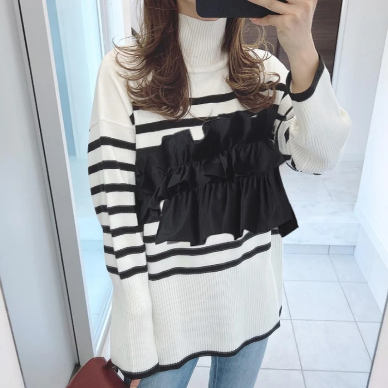 Ruffles Patchwork Striped Sweater Women Autumn Winter Turtleneck Loose Pullovers Long Sleeve Knitwear Irregular Split Korea Tops