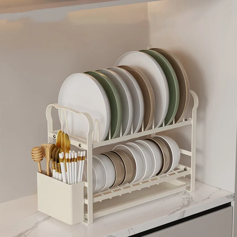 Carbon Steel 2-Layers Dish Drying Rack Kitchen Storage Rack With Chopstick Case Countertop Dinnerware Organizer Kitchen Utensils