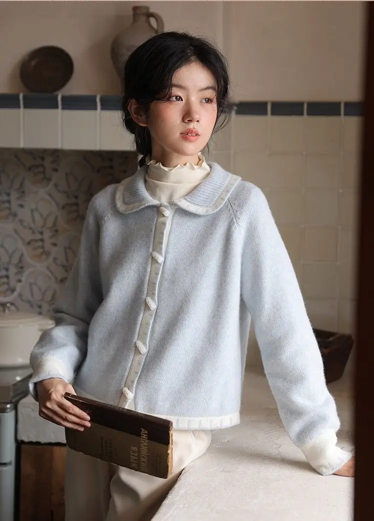 Korea Blue Slim Fit Cardigan Sweater Button Cardigan Women Winter Temperament Sweater Loose Lazy Gentle Doll Collar Knitwears