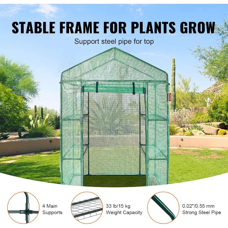 Walk-in Green House 55.5 x 29.3 x 80.7 inch Portable Greenhouse with Shelves High Strength PE Cover with Roll-up Zipper Door a