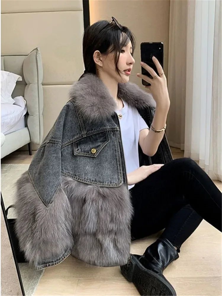 2023 Vrouwen Winter Mode Dikke Faux Vossenbont Jassen Dames Patchwork Denim Jassen Dames Lange Mouw Losse Warme Outwear Kleding