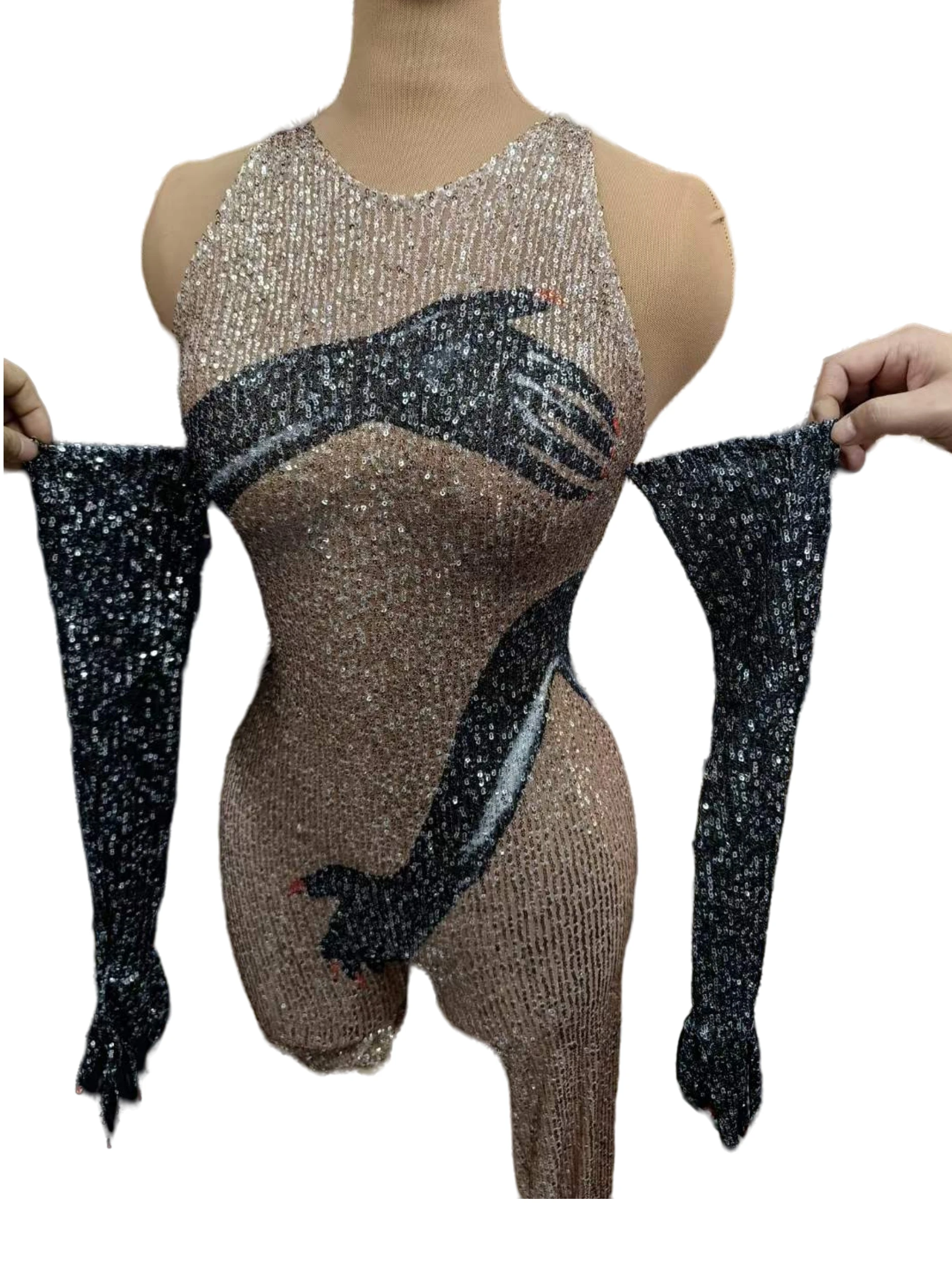 

Women Sequins Sparkly Jumpsuits With Gloves Single Leg Design Night Bar Showgirl Gogo Costumes