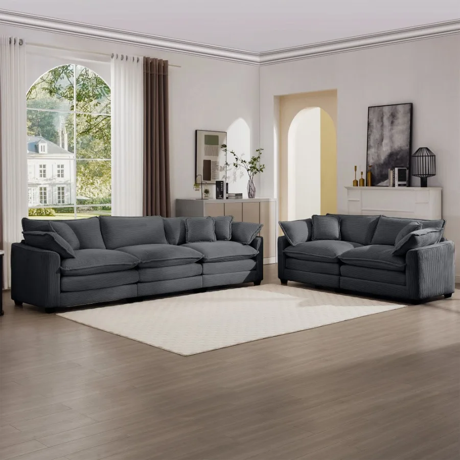 

Modern Fabric Living Room Sofa Two Piece Set Two 2Seater Sofas with 8 Cushion Upholstery Large Deep Seat Recliner Grey Corduroy